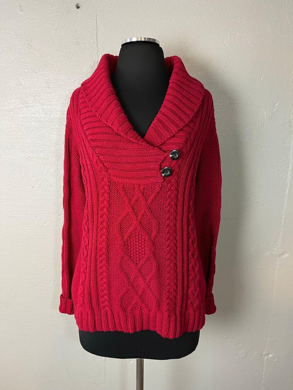 Eddie Bauer Women’s Red Shawl Collar Cable Knit Pullover Sweater Size Medium